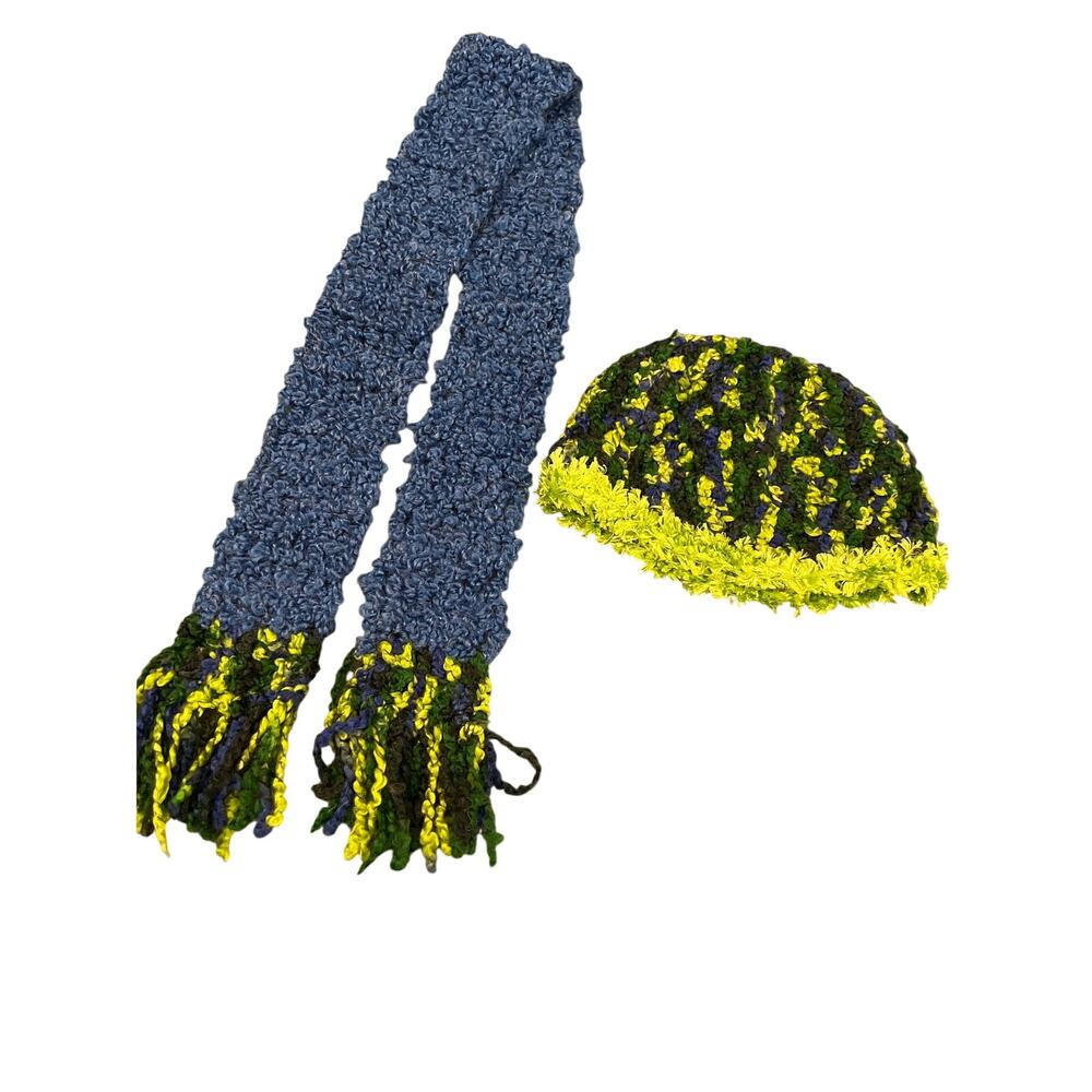 Handmade Crocheted Blue Green Beanie Hat & Fringed Scarf